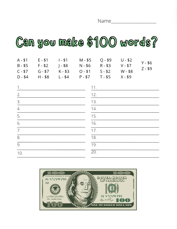 100th Day of School can you make $100 words?